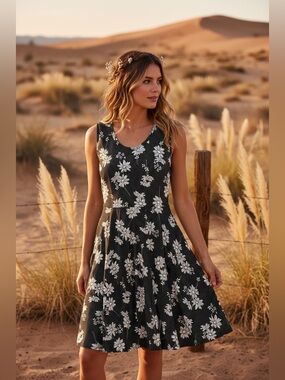 Nicki • A-Line • Sleeveless • Fit and Flare Dress • Black and White • Rare Print